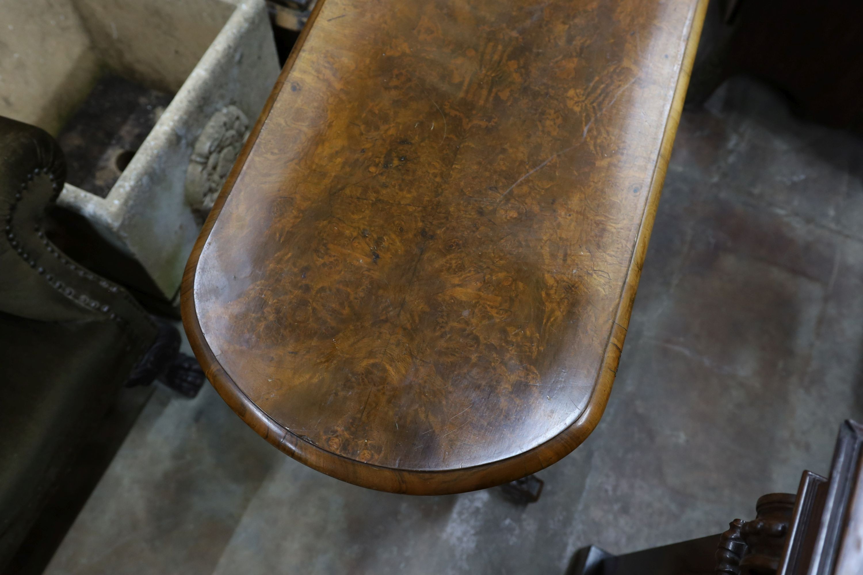 A Victorian burr walnut folding card table, width 92cm, depth 44cm, height 69cm